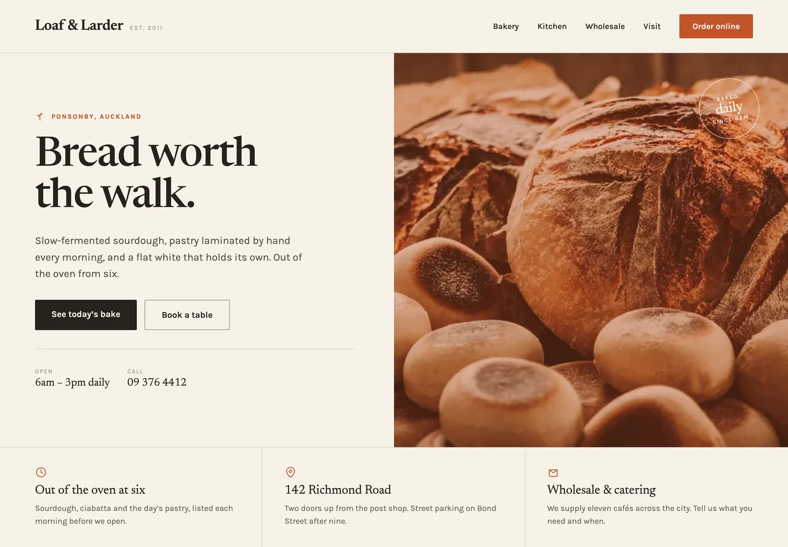 Example build for a café: a warm cream homepage headed “Bread worth the walk”, with opening hours, phone number and an order-online button.