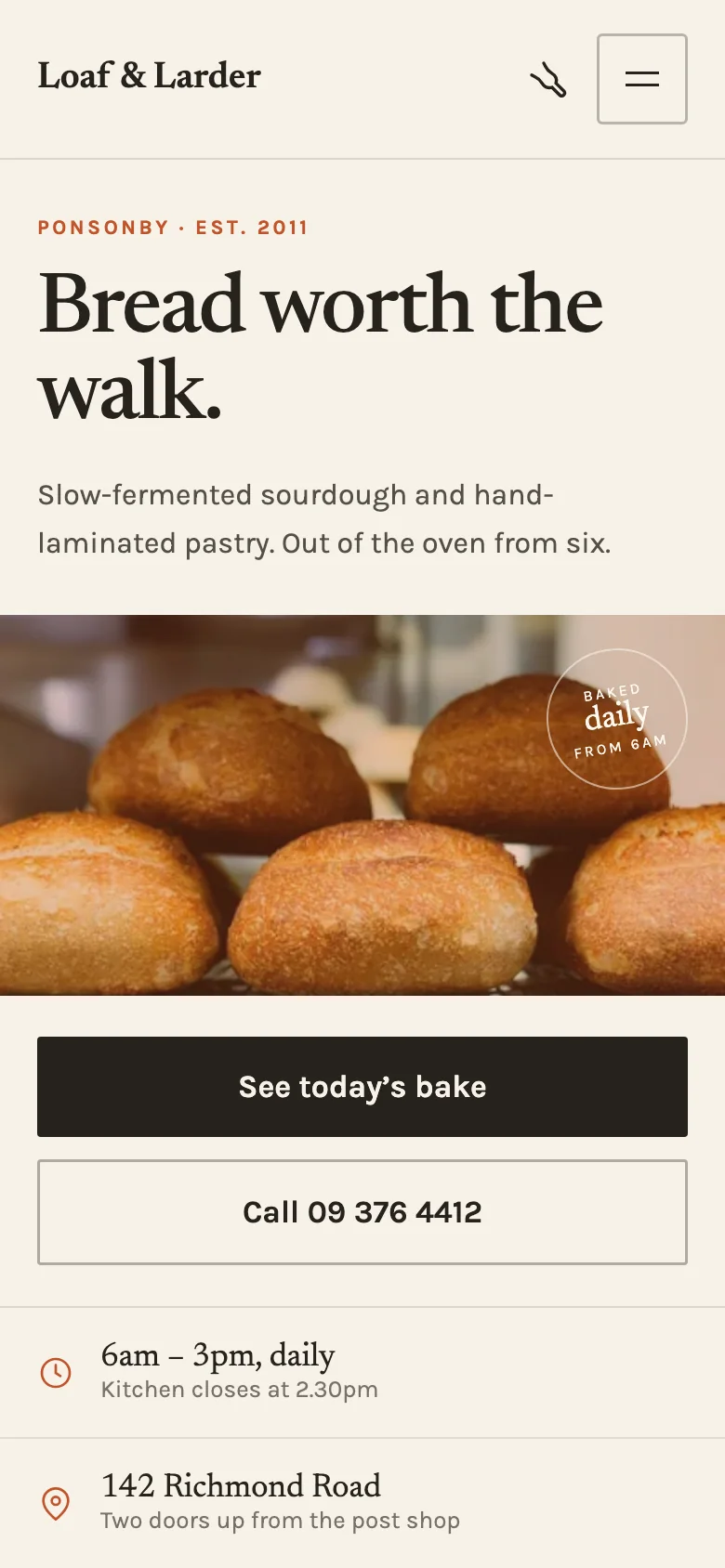 The same café site on a phone: headline, opening hours and a call button, all reachable with one thumb.