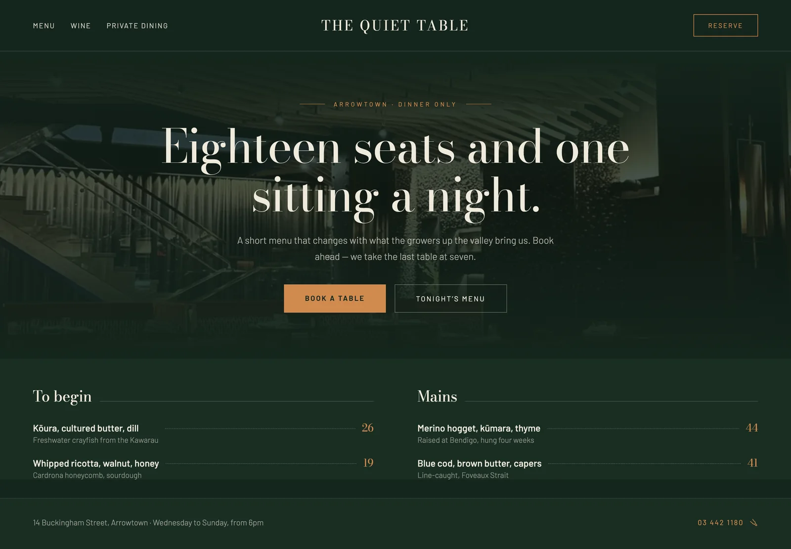 Example build for a restaurant: a dark forest-green page reading “Eighteen seats and one sitting a night”, above the evening’s menu.