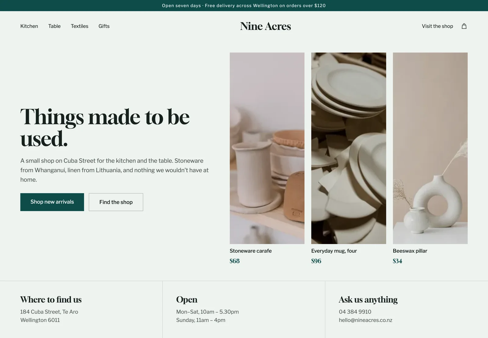 Example build for an independent homeware shop: a calm teal-accented page headed “Things made to be used”, with three products and their prices.