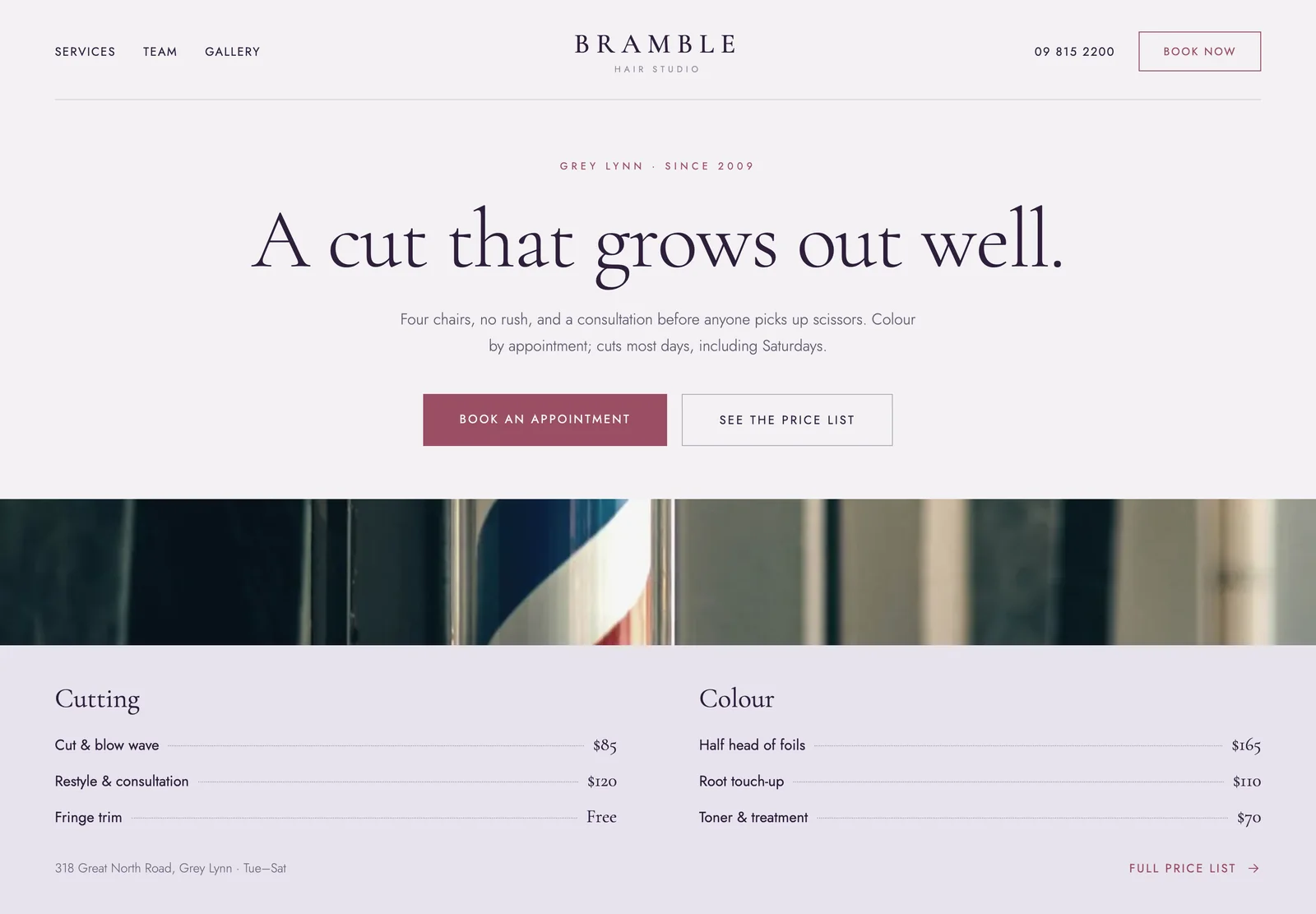 Example build for a hair salon: a pale lilac page centred on the line “A cut that grows out well”, above a plain-numbers price list.
