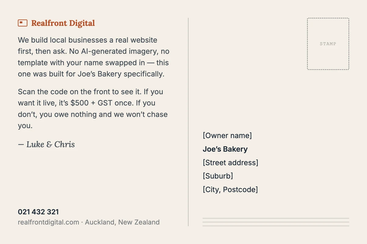 The back of the postcard: a short typed note signed by Luke and Chris, the phone number, a stamp box and the addressee’s details.
